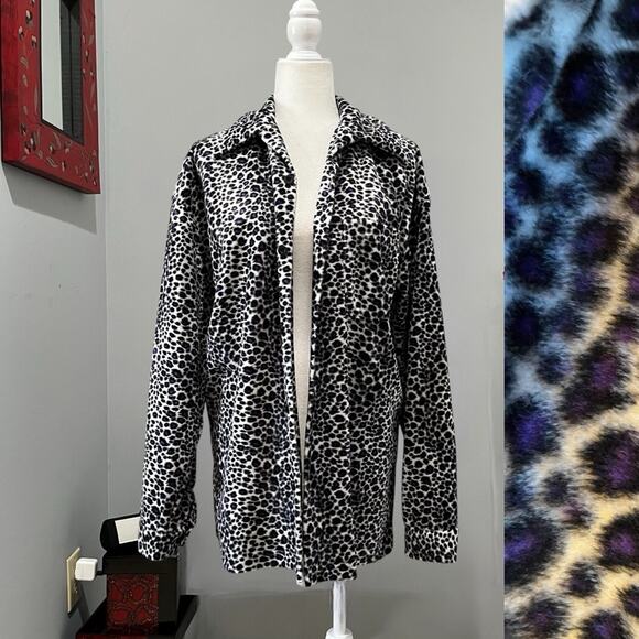 Vintage Third Rail Plush Fleece Longline Leopard Print Shacket Shirt Jacket Lg - Picture 1 of 16